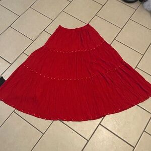 Vintage Red Tiered rayon with studs  gauze  Maxi Skirt Elastic Waist  XL 126 USA